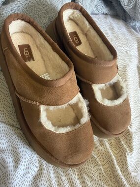 UGG  Brown Suede Mary Jane Slippers with Shearling